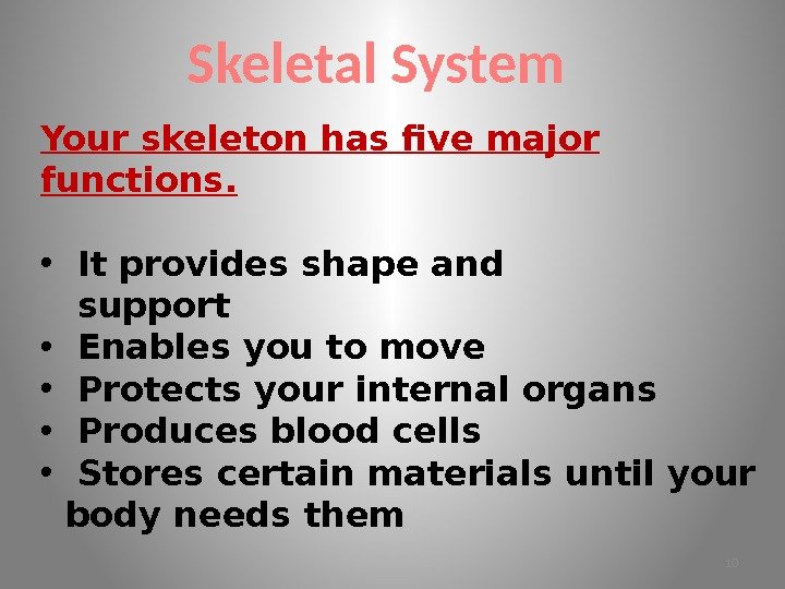 Skeletal System Your skeleton has five major functions.  •  It provides shape