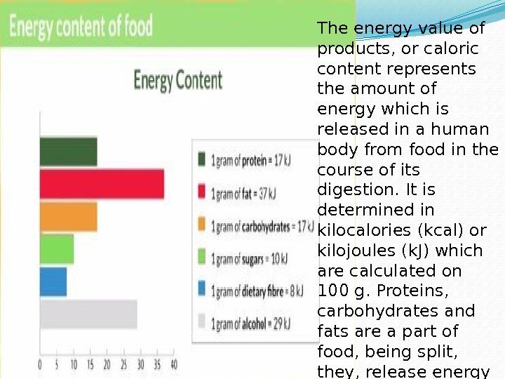 The energy value of products, or caloric content represents the amount of energy which