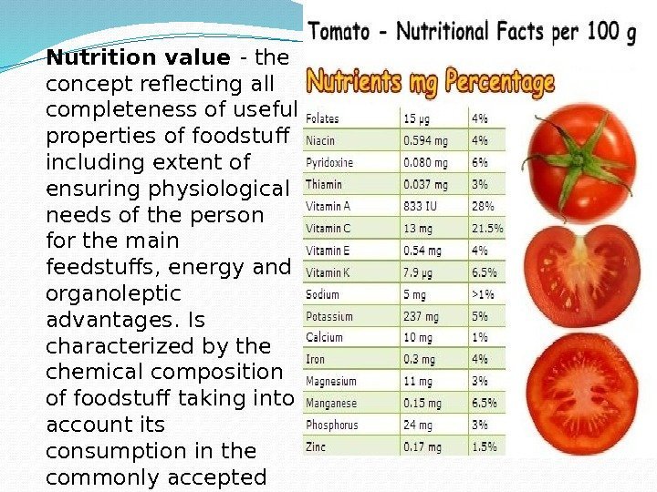 Nutrition value - the concept reflecting all completeness of useful properties of foodstuff including