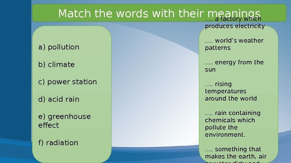 Match the words with their meanings a) pollution b) climate c) power station d)