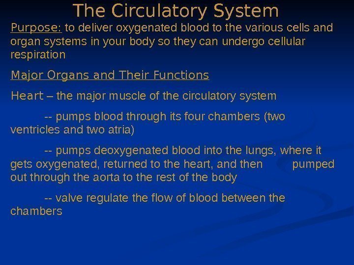 The Circulatory System Purpose:  to deliver oxygenated blood to the various cells and