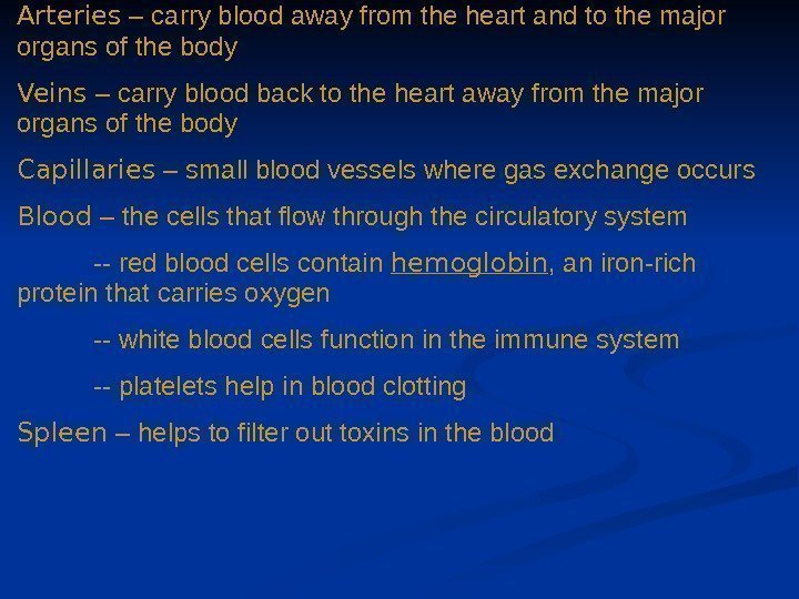 Arteries – carry blood away from the heart and to the major organs of