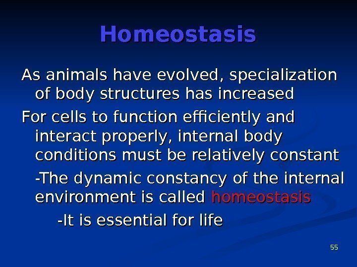 55 Homeostasis As animals have evolved, specialization of body structures has increased For cells