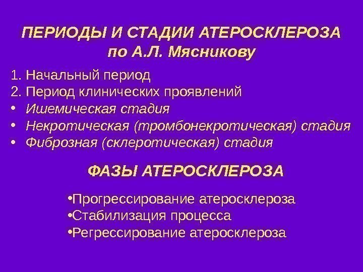   ПЕРИОДЫ И СТАДИИ АТЕРОСКЛЕРОЗА по А. Л. Мясникову 1. Начальный период 2.