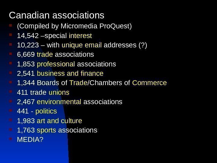 Canadian associations (Compiled by Micromedia Pro. Quest) 14, 542 –special interest 10, 223 –