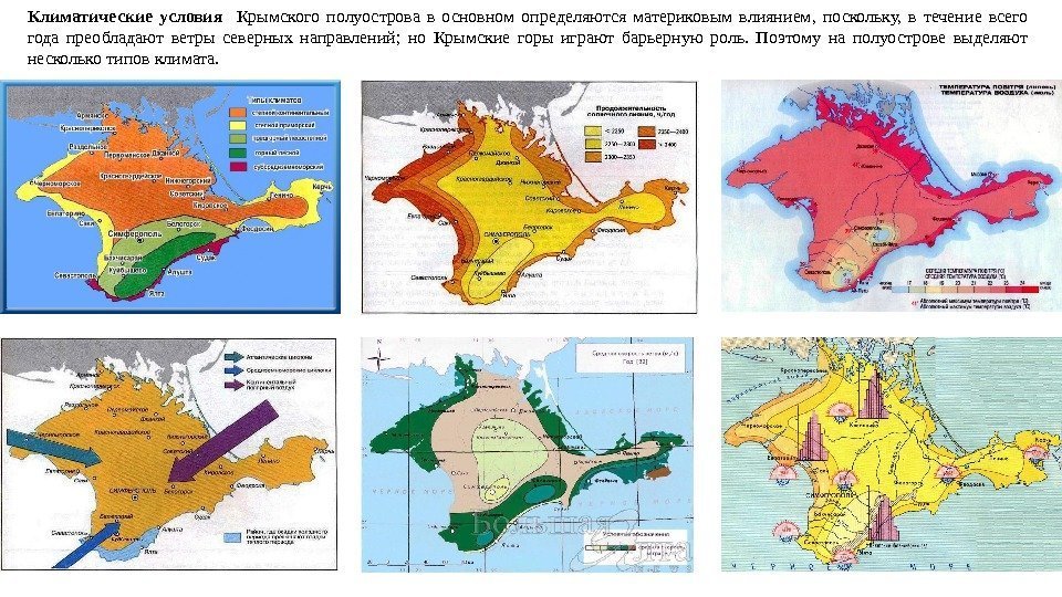 Климатические условия  Крымского полуострова в основном определяются материковым влиянием,  поскольку,  в