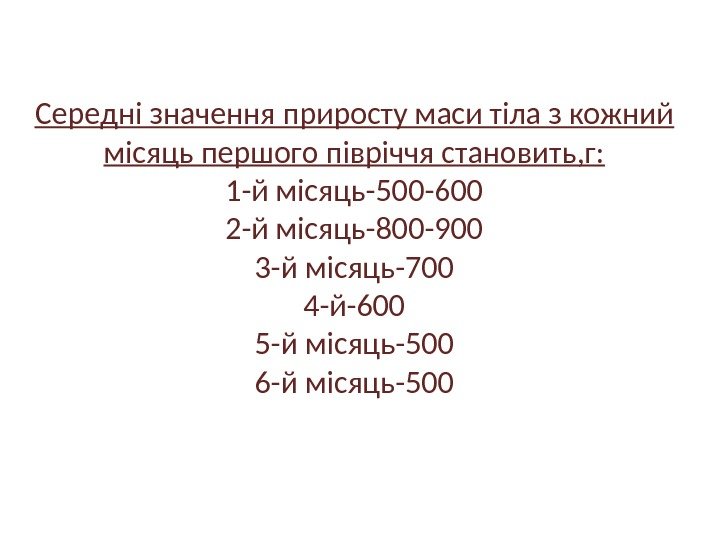 Середні значення приросту маси тіла з кожний місяць першого півріччя становить, г: 1 -й