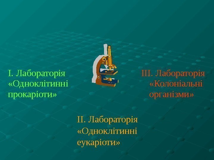 І. Лабораторія «Одноклітинні прокаріоти» ІІІ. Лабораторія  «Колоніальні організми» ІІ. Лабораторія «Одноклітинні еукаріоти» 