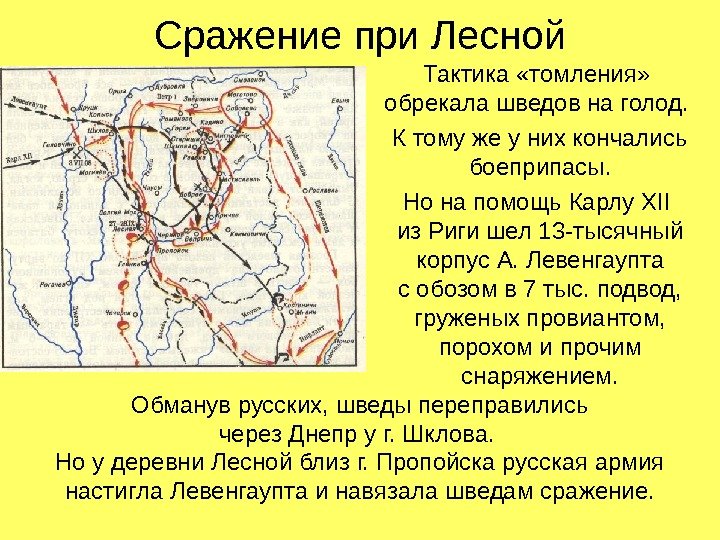 Сражение при Лесной Тактика «томления»  обрекала шведов на голод.  К тому же