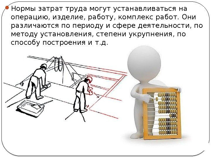  Нормы затрат труда могут устанавливаться на операцию, изделие, работу, комплекс работ. Они различаются