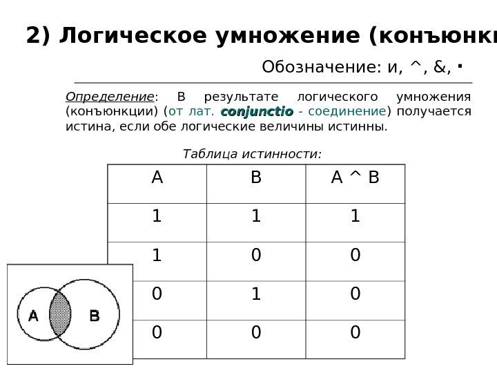 2) Логическое умножение (конъюнкция) Обозначение: и,  ^ ,  & ,  ∙