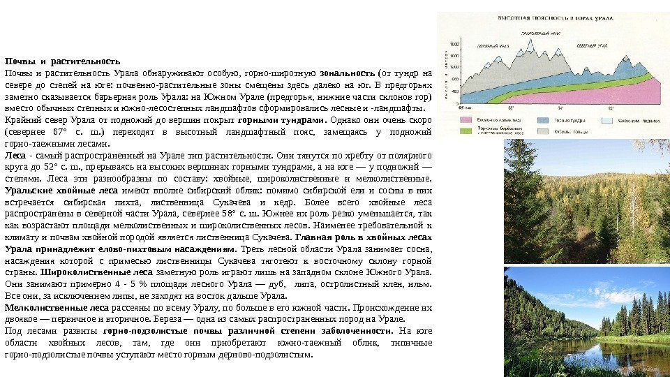 Почвы и растительность Урала обнаруживают особую,  горно-широтную зональность  (от тундр на севере
