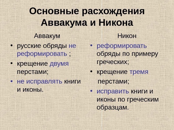   Основные расхождения Аввакума и Никона Аввакум • русские обряды не реформировать ;