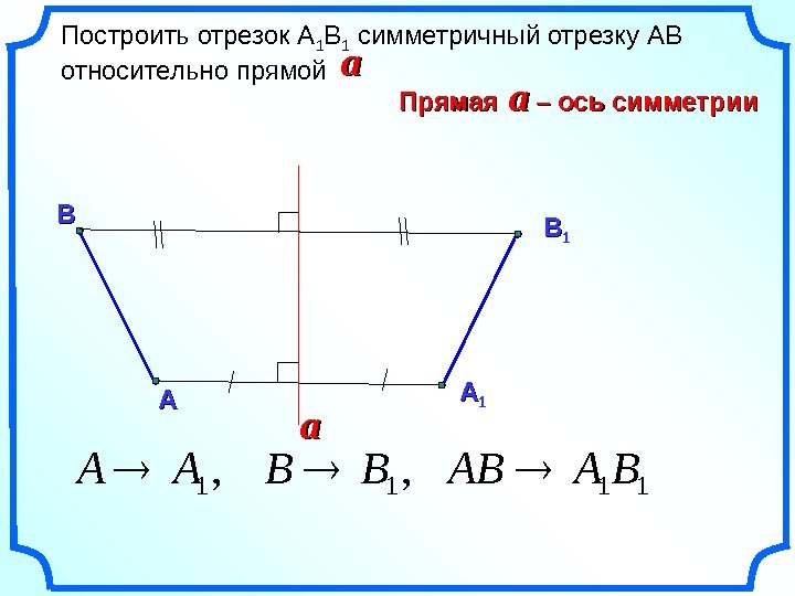   ААПостроить отрезок А 1 В 1 симметричный отрезку АВ относительно прямой ВВ