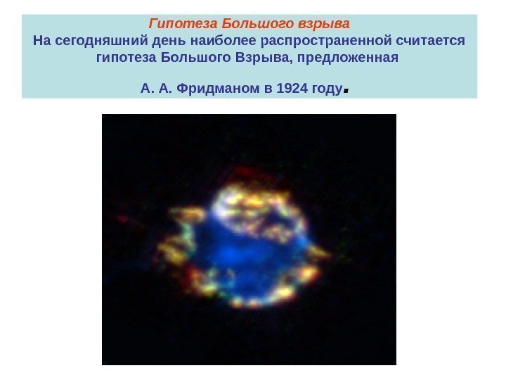 Гипотеза Большого взрыва На сегодняшний день наиболее распространенной считается гипотеза Большого Взрыва, предложенная А.
