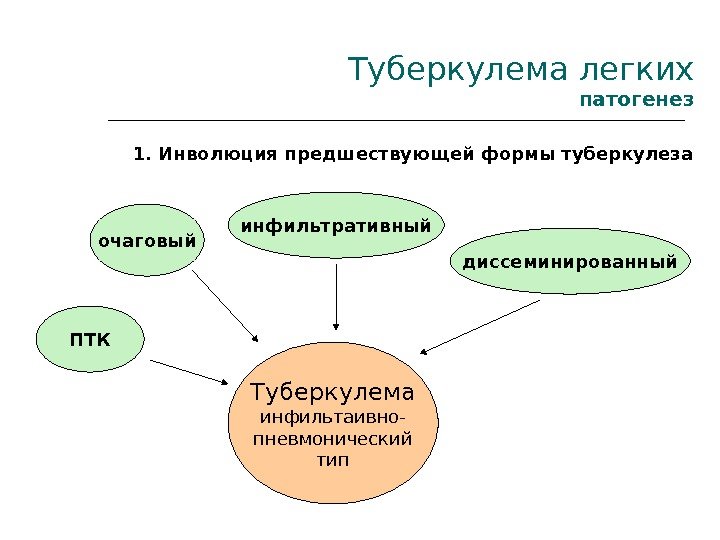 Туберкулема легких патогенез  1. Инволюция предшествующей формы туберкулеза  очаговый инфильтративный диссеминированный ПТК