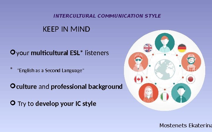 INTERCULTURAL COMMUNICATION STYLE Mostenets Ekaterina. KEEP IN MIND your multicultural  ESL* listeners *