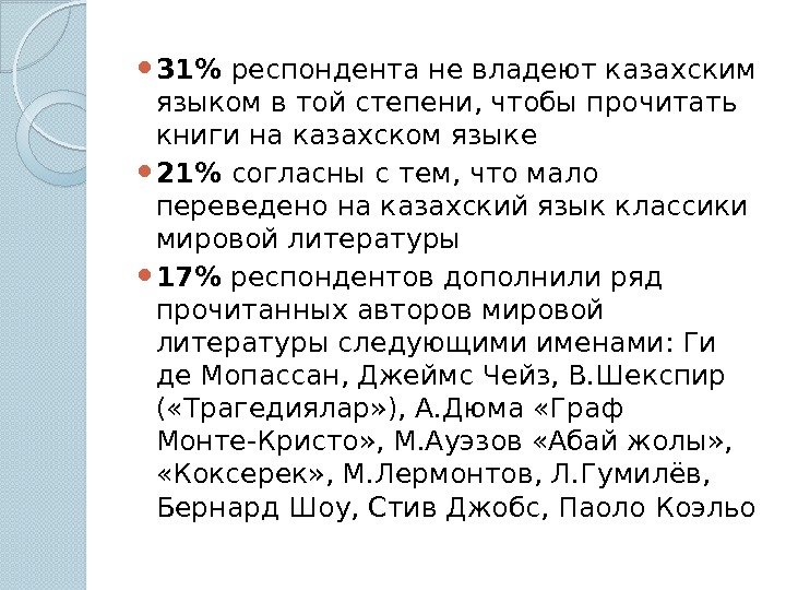  31 респондента не владеют казахским языком в той степени, чтобы прочитать книги на