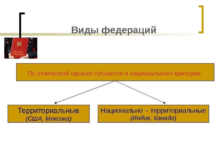 Виды федераций По этнической окраске субъектов и национального критерия  Территориальные (США, Мексика) Национально