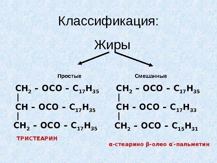 Классификация: Жиры Простые Смешанные CH – OCO – С 17 H 35 CH 2