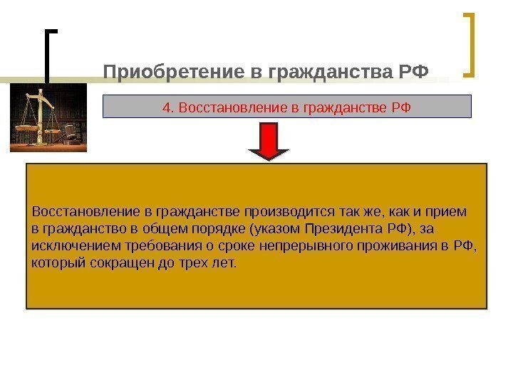 Приобретение в гражданства РФ 4. Восстановление в гражданстве РФ Восстановление в гражданстве производится так