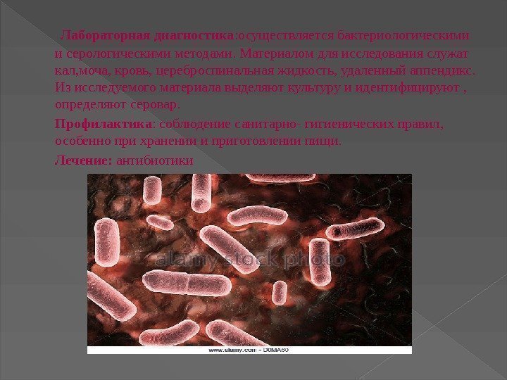  Лабораторная диагностика : осуществляется бактериологическими и серологическими методами. Материалом для исследования служат кал,