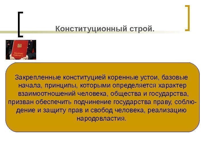 Конституционный строй.  Закрепленные конституцией коренные устои, базовые начала, принципы, которыми определяется характер 