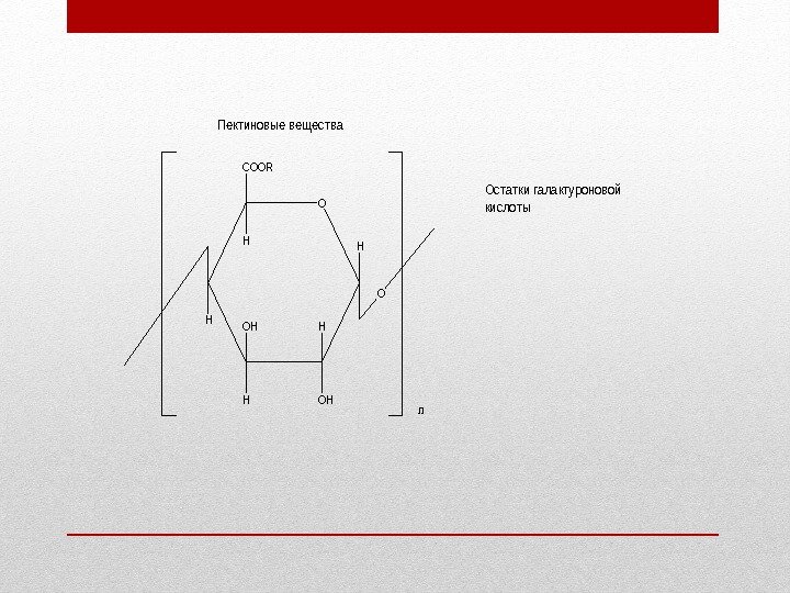 O H OH OH H H COOR H H O n Пектиновые вещества Остатки O H OH OH H H COOR H H O n Пектиновые вещества Остатки