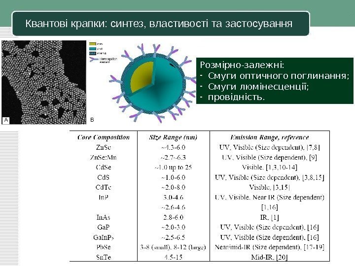 Квантові крапки: синтез, властивості та застосування 14 Розмірно-залежні: - Смуги оптичного поглинання; - Смуги