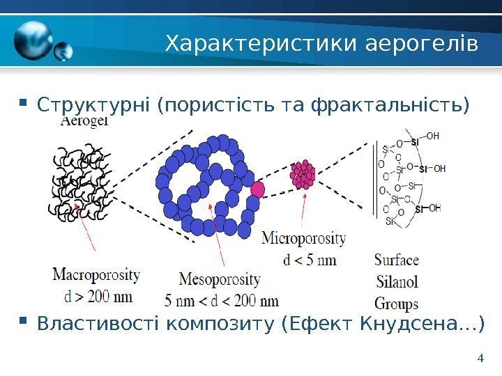 Характеристики аерогелів Структурні (пористість та фрактальність) Властивості композиту (Ефект Кнудсена…) 4 