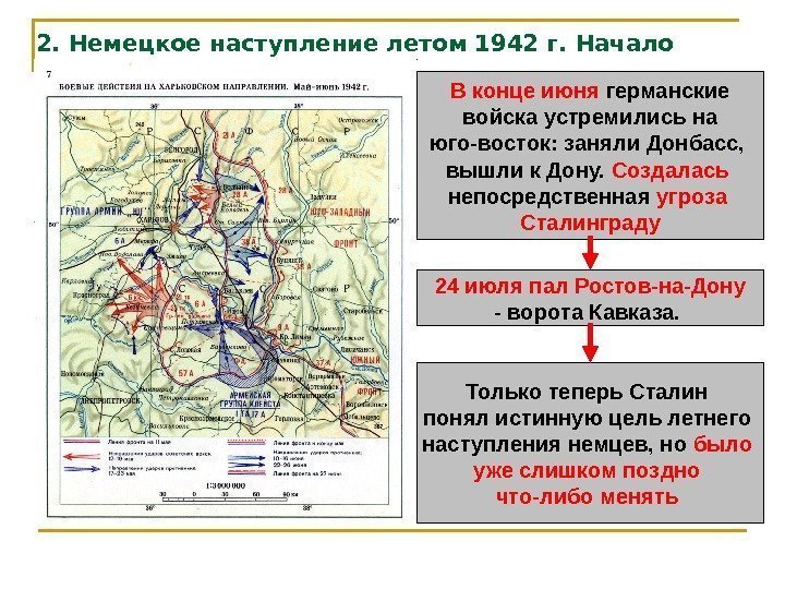 2. Немецкое наступление летом 1942 г. Начало Сталинградской битвы В конце июня германские 