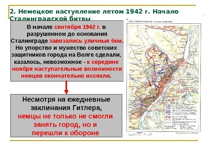 2. Немецкое наступление летом 1942 г. Начало Сталинградской битвы В начале сентября 1942 г.