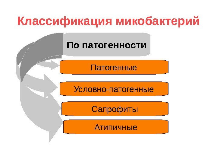   Классификация микобактерий По патогенности Патогенные Условно-патогенные Сапрофиты Атипичные 