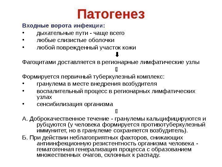   Патогенез Входные ворота инфекции:  • дыхательные пути - чаще всего •