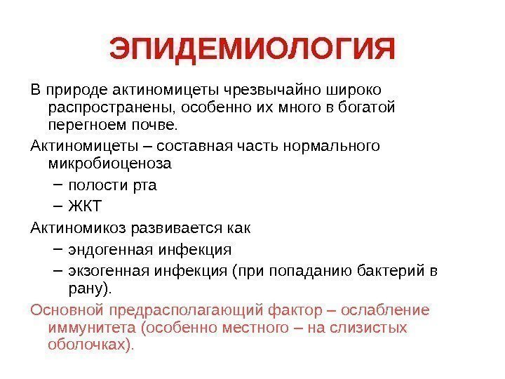   ЭПИДЕМИОЛОГИЯ В природе актиномицеты чрезвычайно широко распространены, особенно их много в богатой