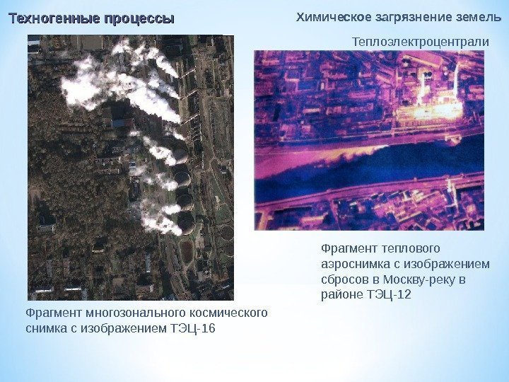Техногенные процессы Химическое загрязнение земель Теплоэлектроцентрали Фрагмент многозонального космического снимка с изображением ТЭЦ-16 Фрагмент