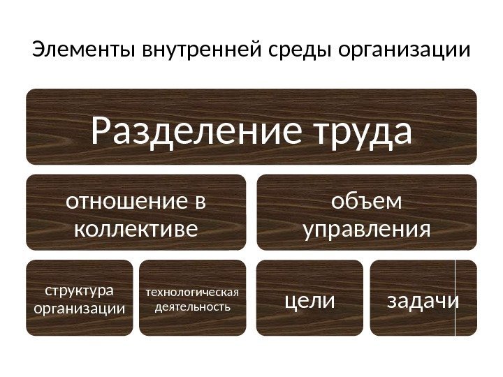 Элементы внутренней среды организации Разделение труда отношение в коллективе структура организации технологическая деятельность объем