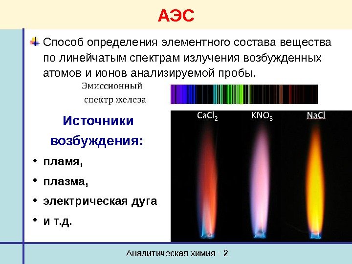 Аналитическая химия - 2 АЭС Способ определения элементного состава вещества по линейчатым спектрам излучения