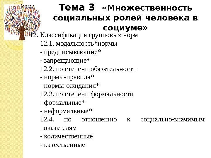 Тема 3  «Множественность социальных ролей человека в социуме» 12. Классификация групповых норм 12.