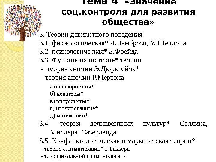 Тема 4  «Значение соц. контроля для развития общества» 3. Теории девиантного поведения 3.