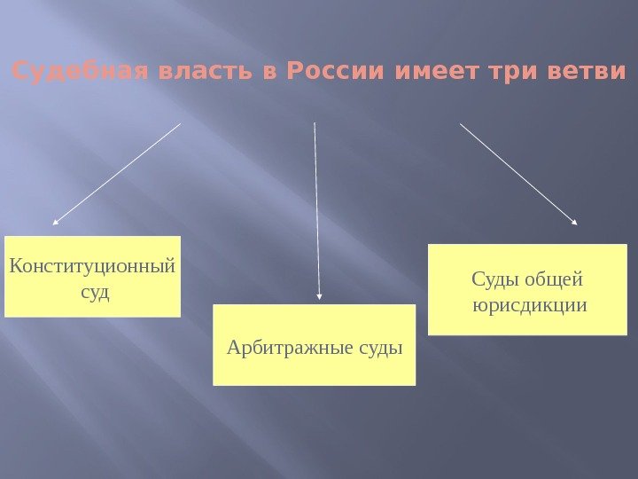 Судебная власть в России имеет три ветви Конституционный  суд Суды общей  юрисдикции