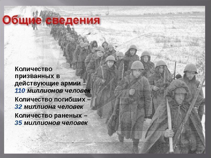  Количество призванных в действующие армии – 110  миллионов человек Количество погибших –