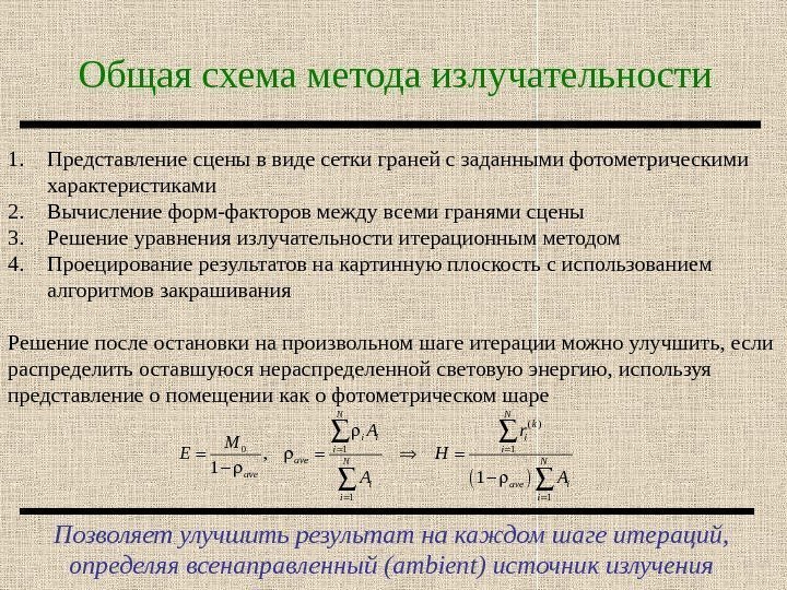 Общая схема метода излучательности Позволяет улучшить результат на каждом шаге итераций,  определяя всенаправленный