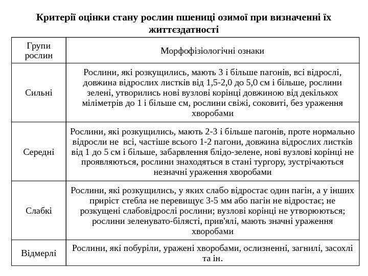 Критерії оцінки стану рослин пшениці озимої при визначенні їх життєздатності Групи рослин Морфофізіологічні ознаки