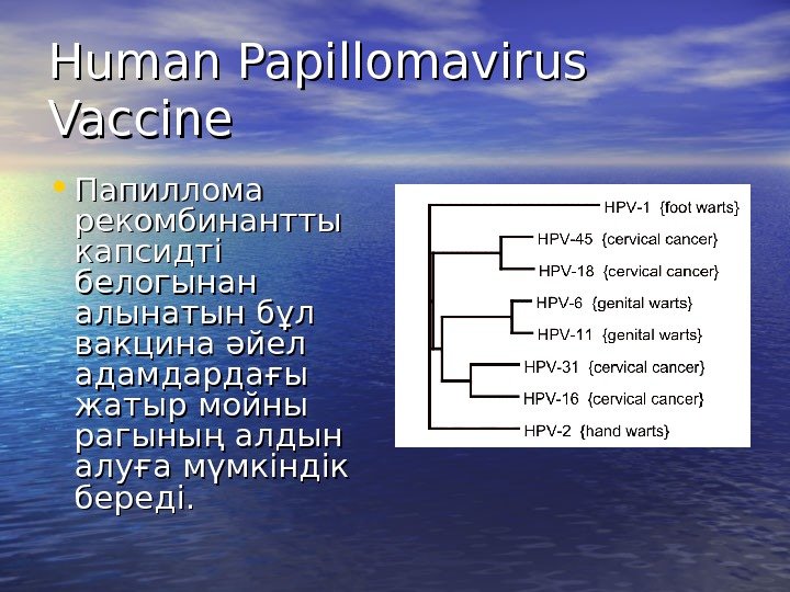 Human Papillomavirus Vaccine • Папиллома рекомбинантты капсидті белогынан алынатын бұл вакцина әйел адамдардағы жатыр