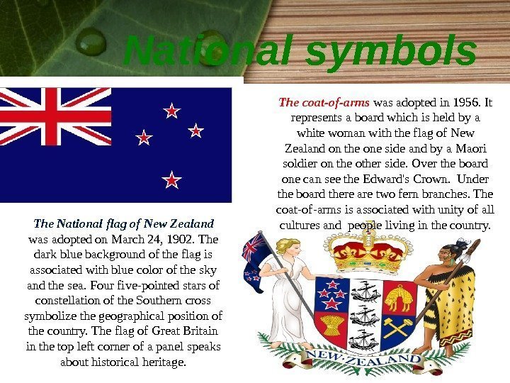 National symbols The National flag of New Zealand was adopted on March 24, 1902.