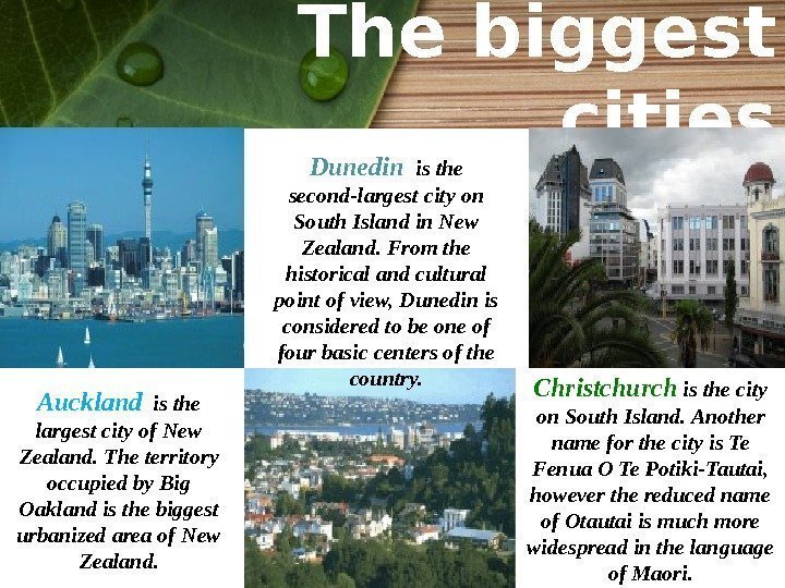 The biggest cities Auckland  is the largest city of New Zealand. The territory
