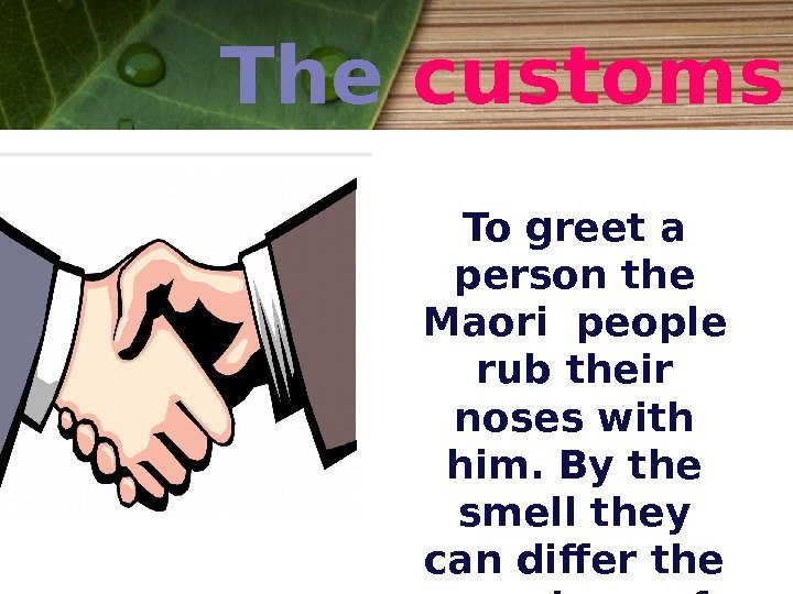 The customs To greet a person the Maori people rub their noses with him.