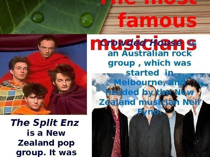 The most famous musicians The Split Enz  is a New Zealand pop group.