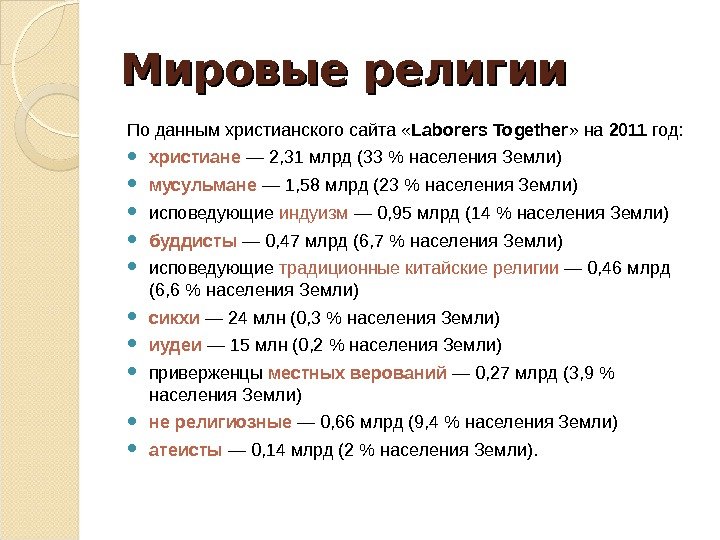 Мировые религии Поданнымхристианскогосайта « Laborers Together » на 2011 год:  христиане — 2,